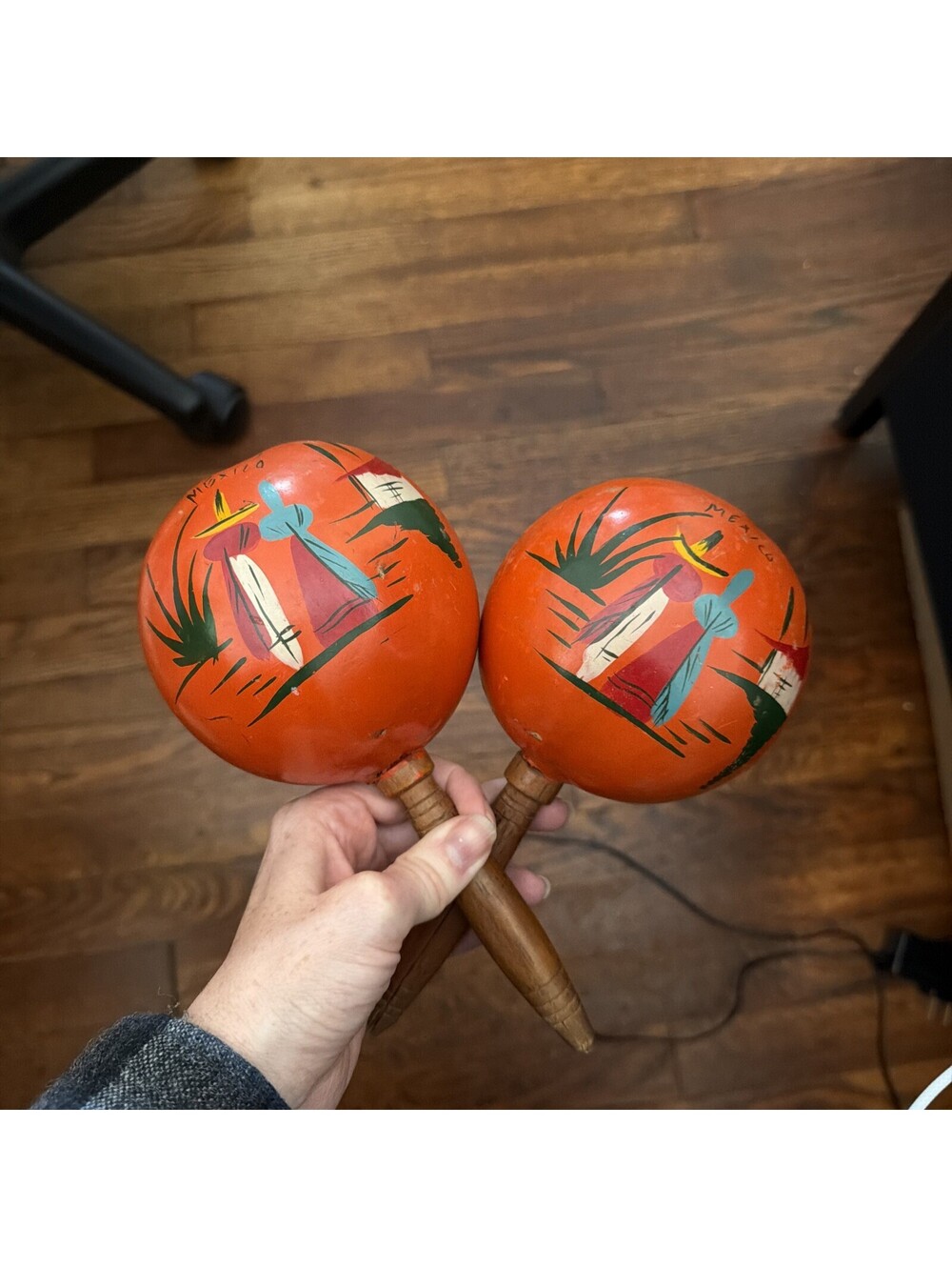 VNTG Mexican Hand-Painted Orange Maracas